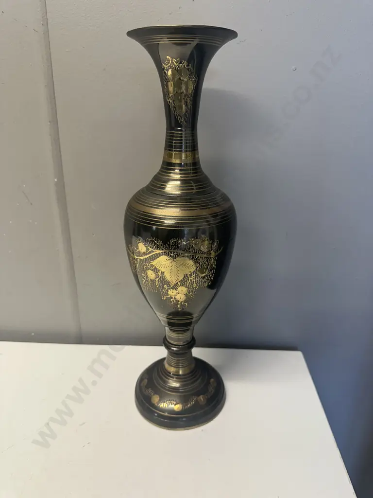 Vintage Indian Brass Vase Etched Floral Design H41cm. Image 1++