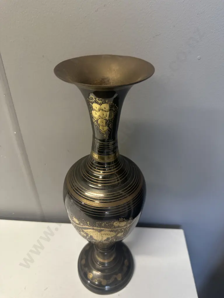 Vintage Indian Brass Vase Etched Floral Design H41cm. Image 1++