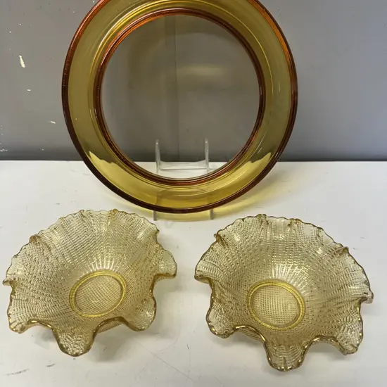 Set Of Two Amber Mid Century Ruffled Waffle Bowl & Amber Glass Posy Ring