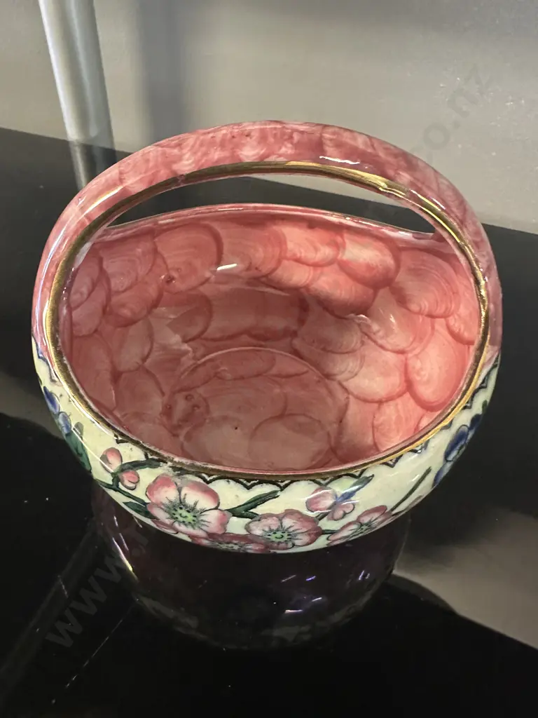 Rare Maling Pink Lustre 'Crocus' Round Fruit Basket C1936 H10cm. Image 1++