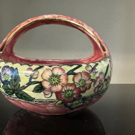 Rare Maling Pink Lustre 'Crocus' Round Fruit Basket C1936 H10cm.