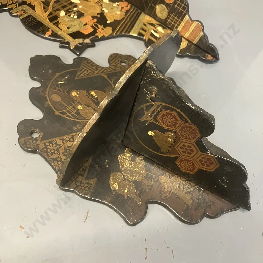 Antique Japanese Lacquer Hand Painted Folding Wall Sconces With Traditional Scenes, Folding (As Found Condition) Image 1++