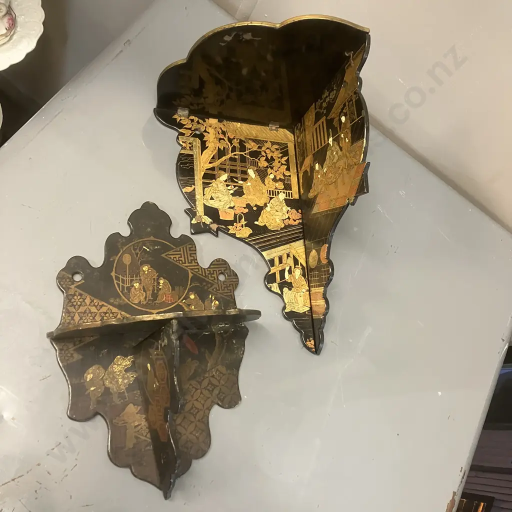 Antique Japanese Lacquer Hand Painted Folding Wall Sconces With Traditional Scenes, Folding (As Found Condition) Image 1++