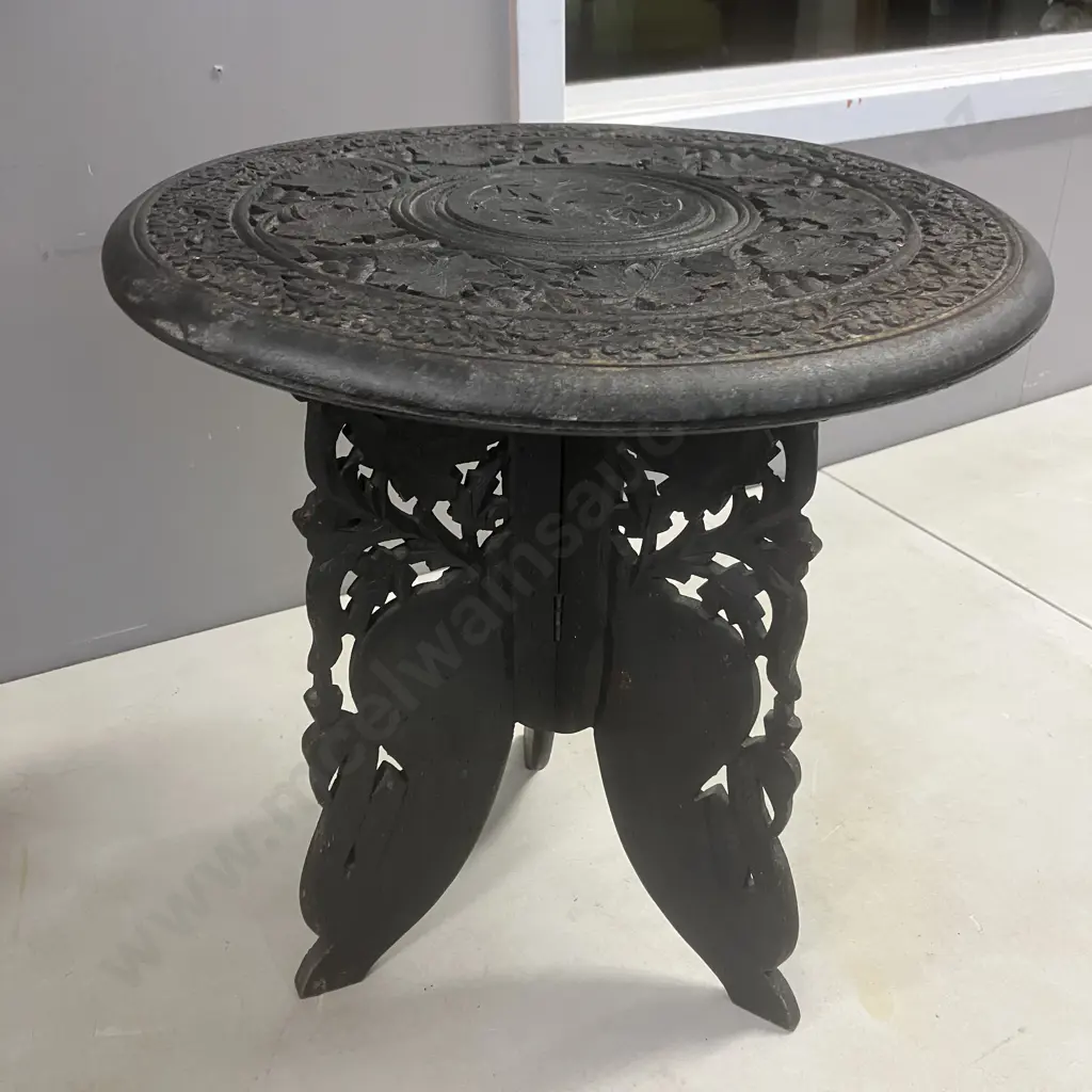 Vintage Black Carved Wood Side table With Hinged Base. 39 x 37cm Image 1++