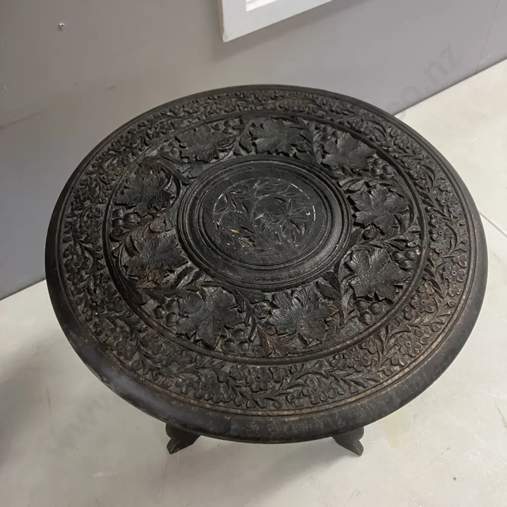 Vintage Black Carved Wood Side table With Hinged Base. 39 x 37cm Image 1++