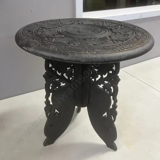 Vintage Black Carved Wood Side table With Hinged Base. 39 x 37cm