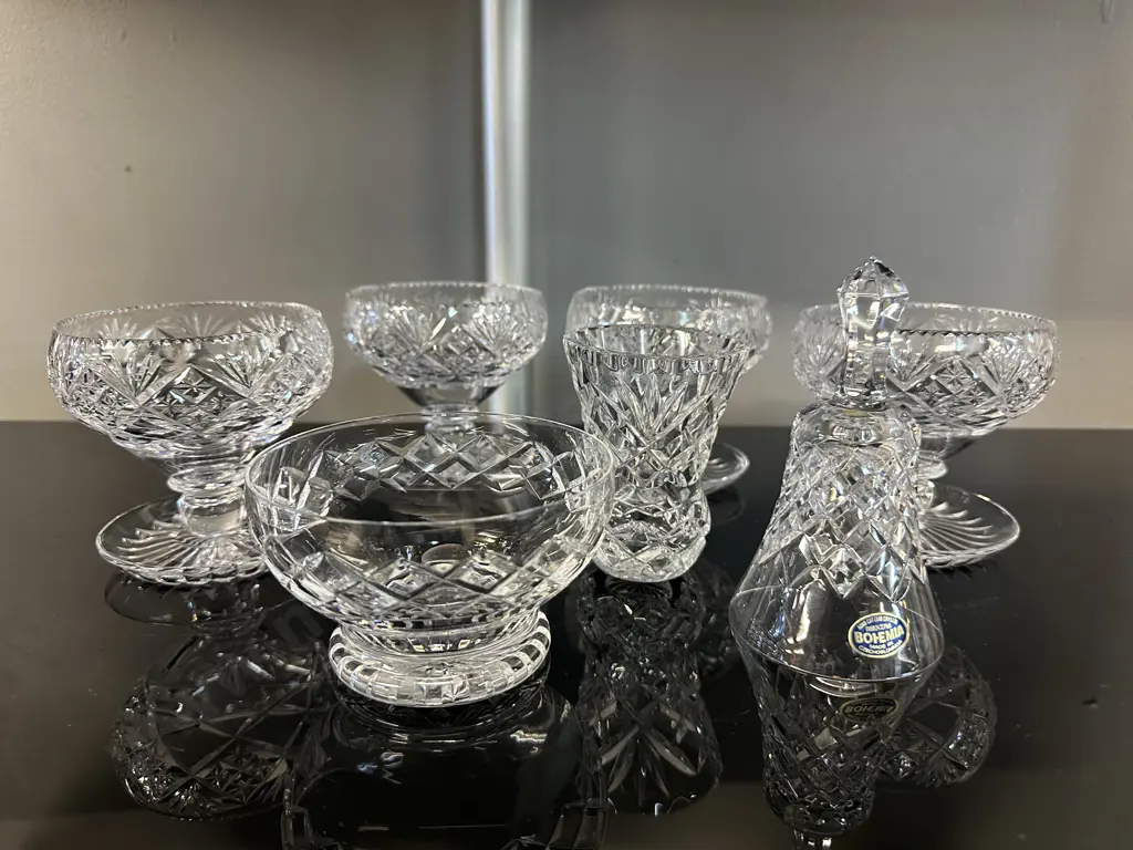 Footed Cut Crystal Sundae Dishes, Vase & Bohemia Bell Image 1++