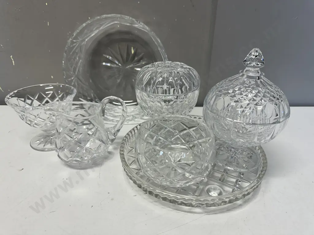 Selection Of Crystal Items Including Bowl, Creamer, Lidded Trinket Dishes Etc Image 1++
