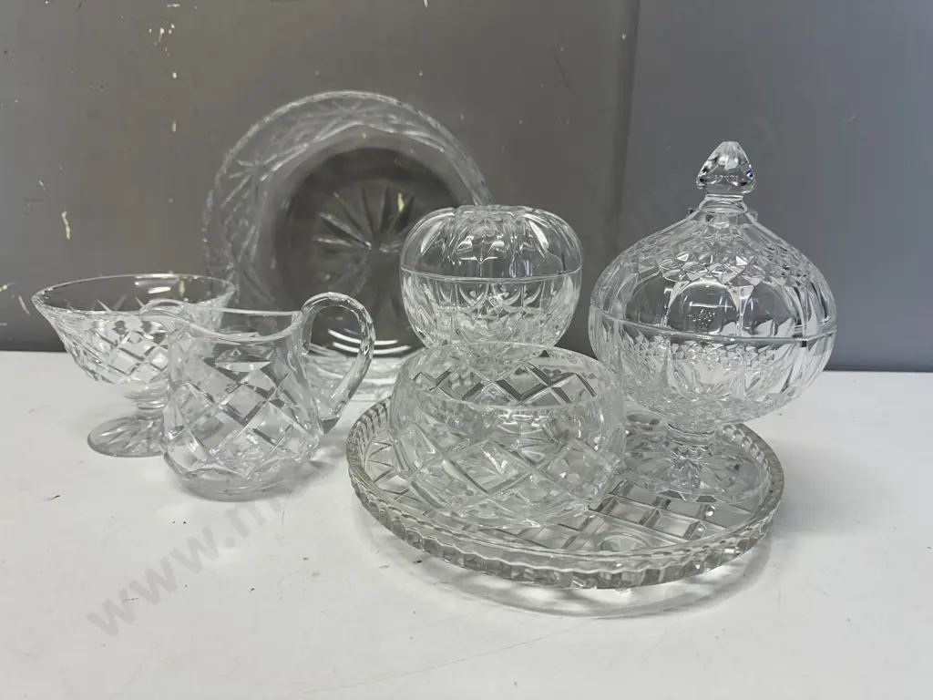 Selection Of Crystal Items Including Bowl, Creamer, Lidded Trinket Dishes Etc Image 1++