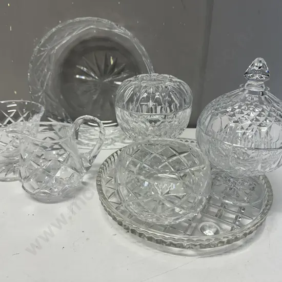 Selection Of Crystal Items Including Bowl, Creamer, Lidded Trinket Dishes Etc