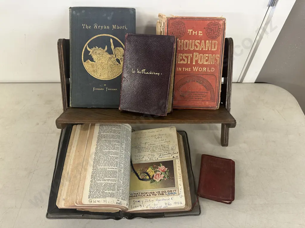 Folding Oak Bookstand With The Aryan Maori, A Bible & Thousand Best Poems Image 1++