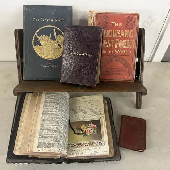 Folding Oak Bookstand With The Aryan Maori, A Bible & Thousand Best Poems