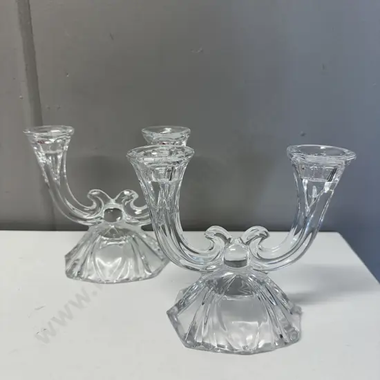 Pair Of Art Deco Double Taper Crystal Candle Holders