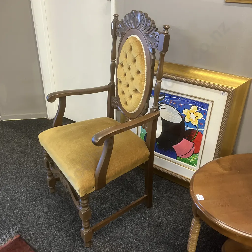 Mahogany Armed Dining Chair, Carved, Gold Draylon Button Backed Image 1++