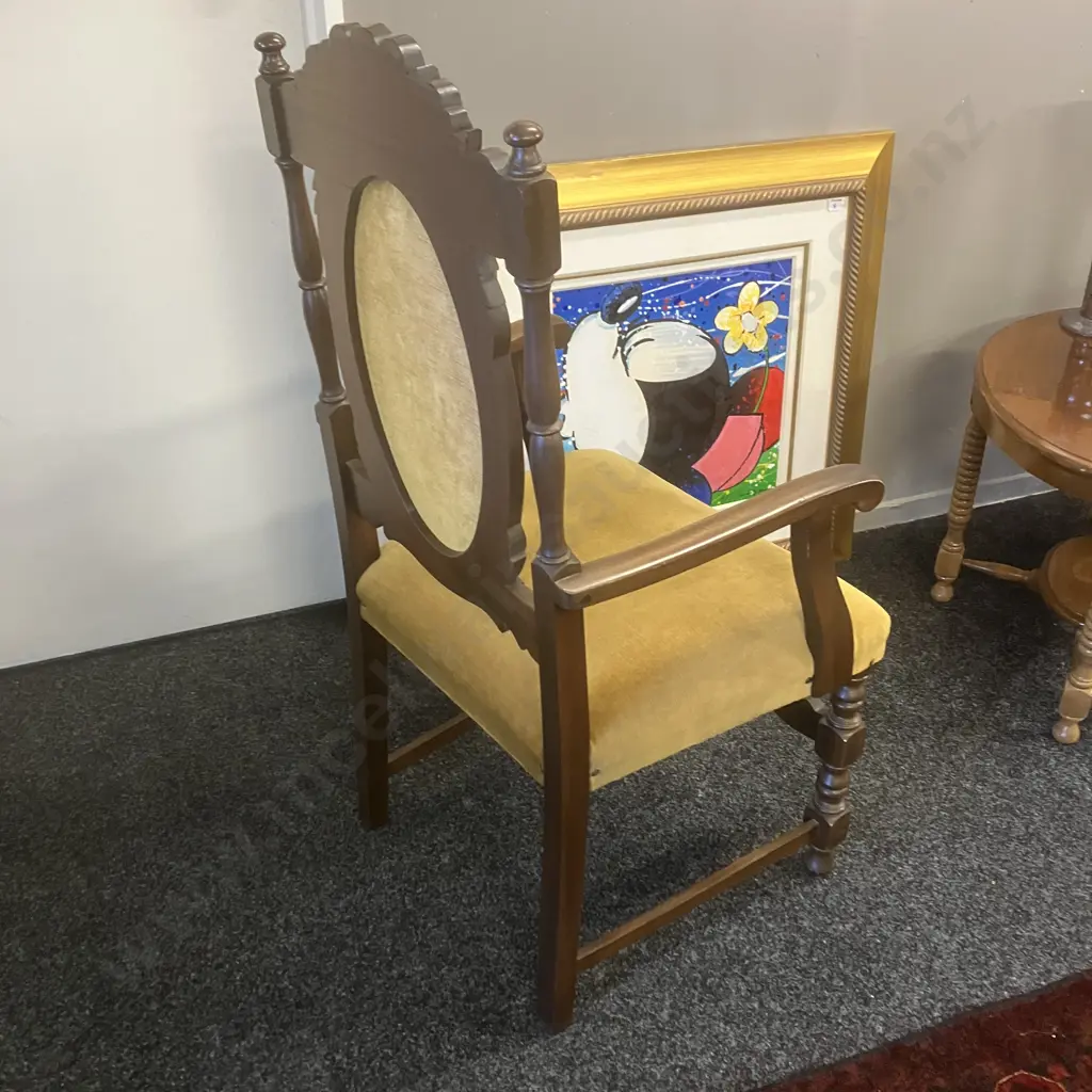 Mahogany Armed Dining Chair, Carved, Gold Draylon Button Backed Image 1++