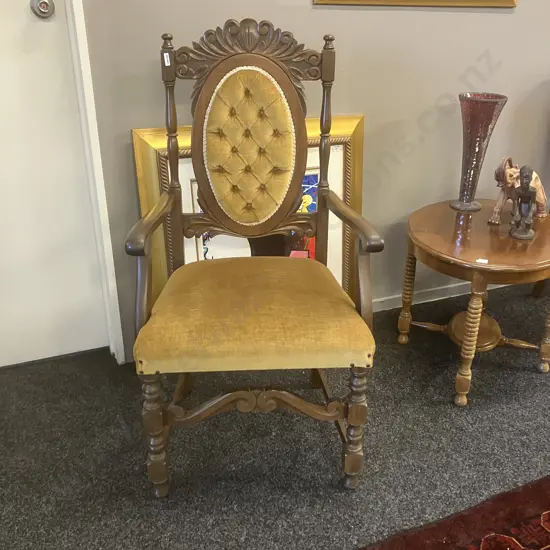 Mahogany Armed Dining Chair, Carved, Gold Draylon Button Backed
