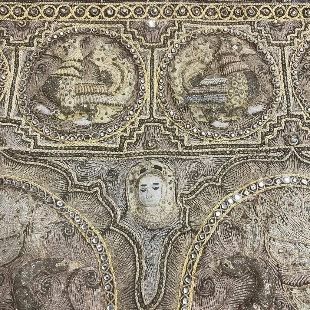 Antique Burmese Embroidered Kalaga Tapestry Wall Hanging. 71 x 90cm Image 1++