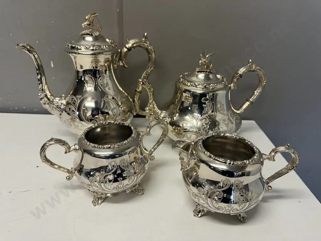 Vintage Sheffield Silver Plated & Glass Louis IV Style Hand Engraved Teapot, Coffee Pot, Sugar Bowl & Creamer.  Image 1++