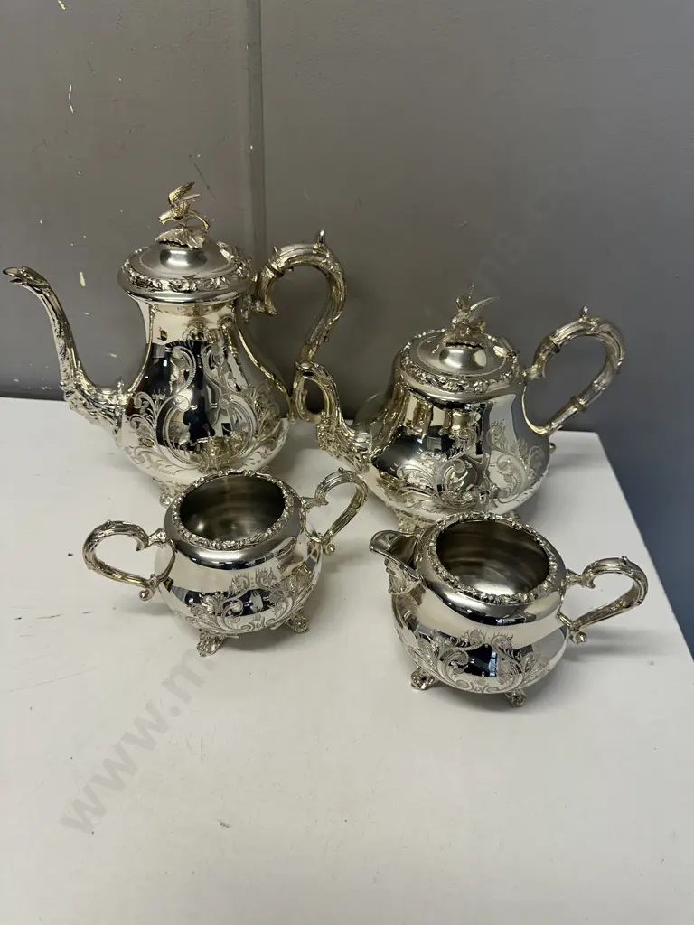 Vintage Sheffield Silver Plated & Glass Louis IV Style Hand Engraved Teapot, Coffee Pot, Sugar Bowl & Creamer.  Image 1++