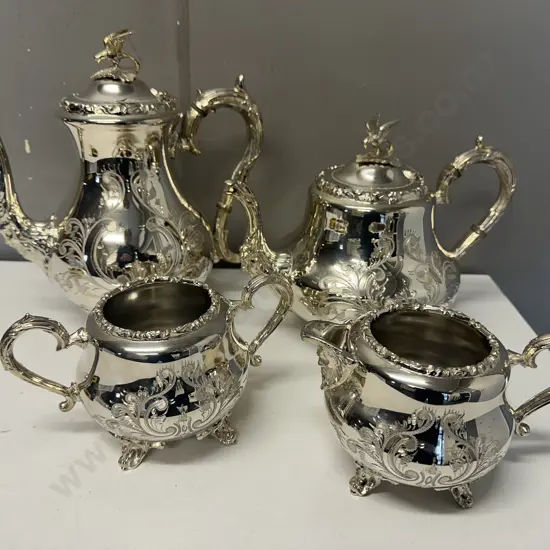 Vintage Sheffield Silver Plated & Glass Louis IV Style Hand Engraved Teapot, Coffee Pot, Sugar Bowl & Creamer. 