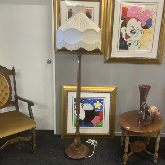 Oak Floor Lamp With White Fabric Braided And Tasselled Shade. H187cm