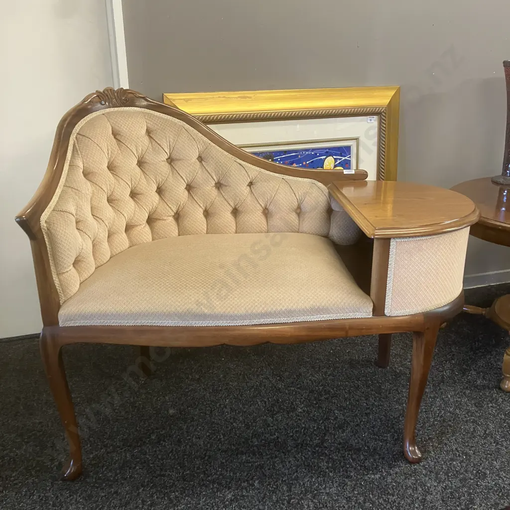 Vintage French Style Telephone Chair, Button Backed & Braid, Single Drawer, Cabriole Legs. H85 W102 54cm Image 1++