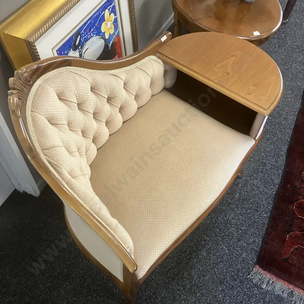 Vintage French Style Telephone Chair, Button Backed & Braid, Single Drawer, Cabriole Legs. H85 W102 54cm Image 1++