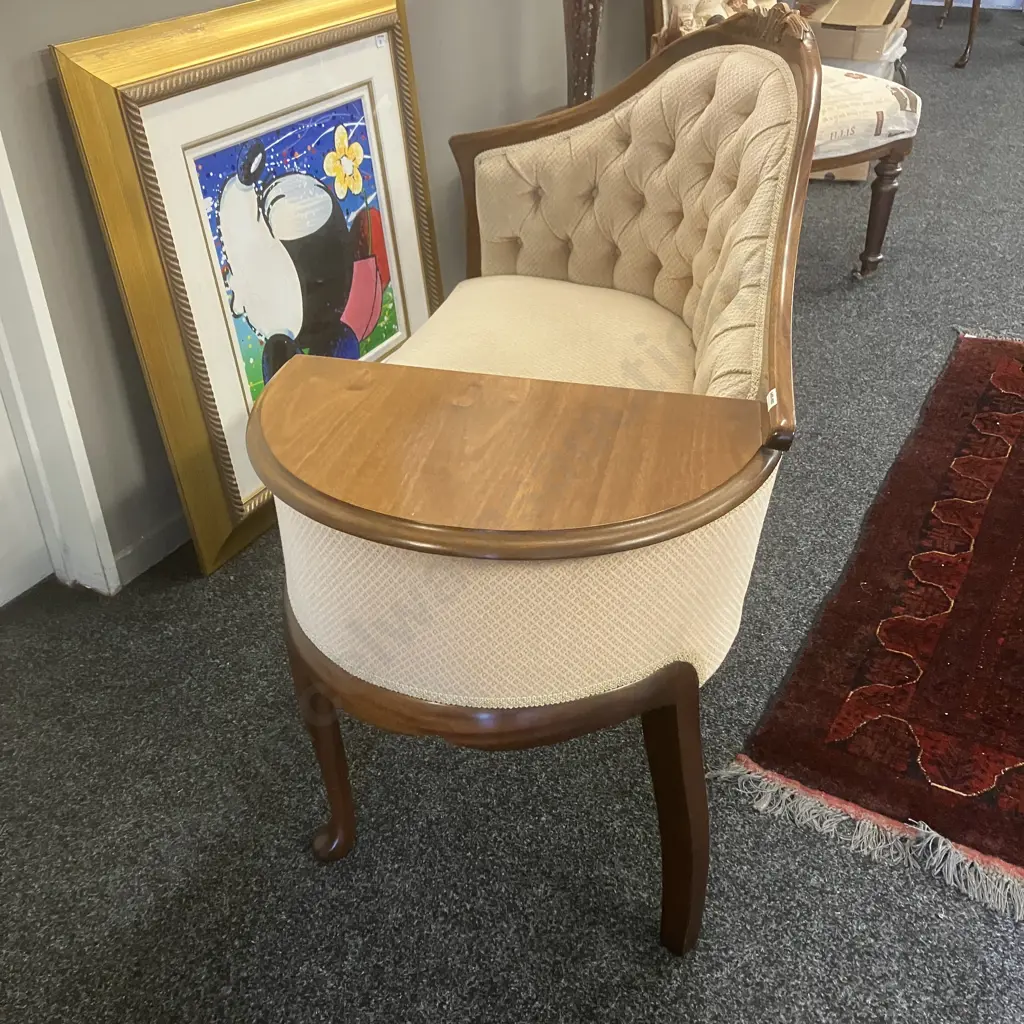 Vintage French Style Telephone Chair, Button Backed & Braid, Single Drawer, Cabriole Legs. H85 W102 54cm Image 1++