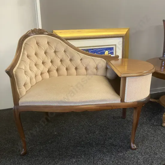 Vintage French Style Telephone Chair, Button Backed & Braid, Single Drawer, Cabriole Legs. H85 W102 54cm