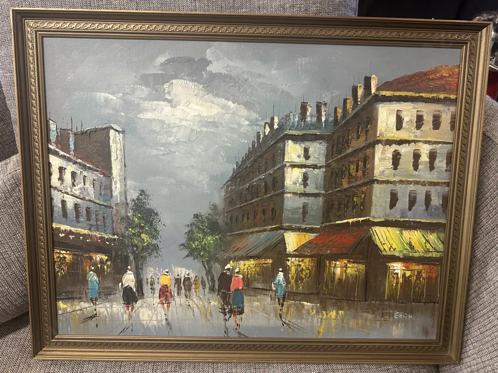  Original Vintage Gilt Framed Oil Painting Signed Erich City Street Scene H51,W66cm. Image 1++