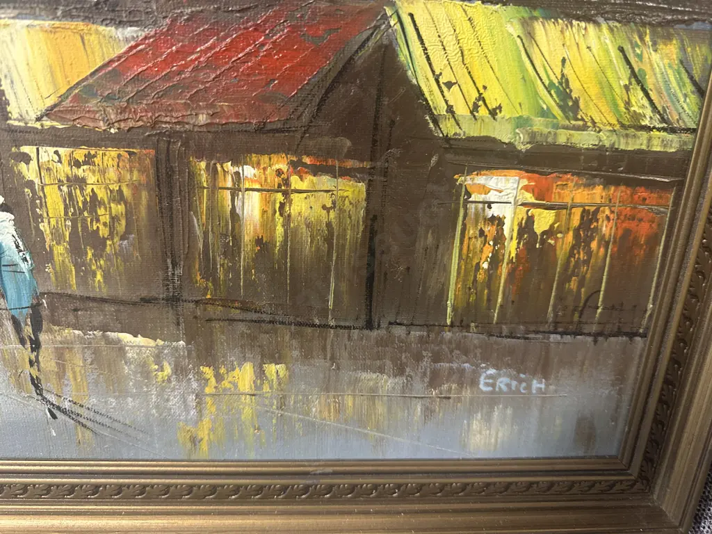  Original Vintage Gilt Framed Oil Painting Signed Erich City Street Scene H51,W66cm. Image 1++