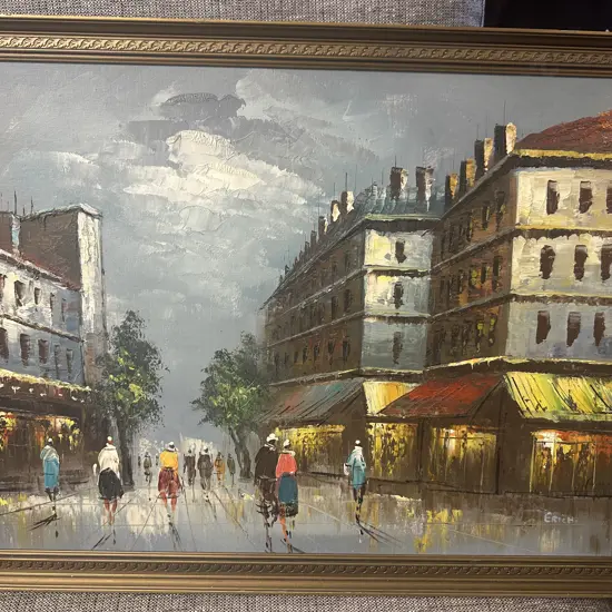 Original Vintage Gilt Framed Oil Painting Signed Erich City Street Scene H51,W66cm.