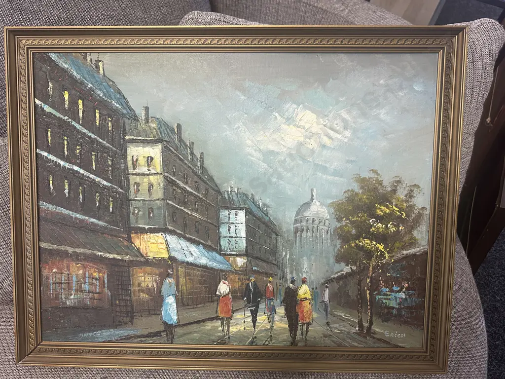  Original Vintage Gilt Framed Oil Painting Signed Erich City Street Scene H51,W66cm. Image 1++