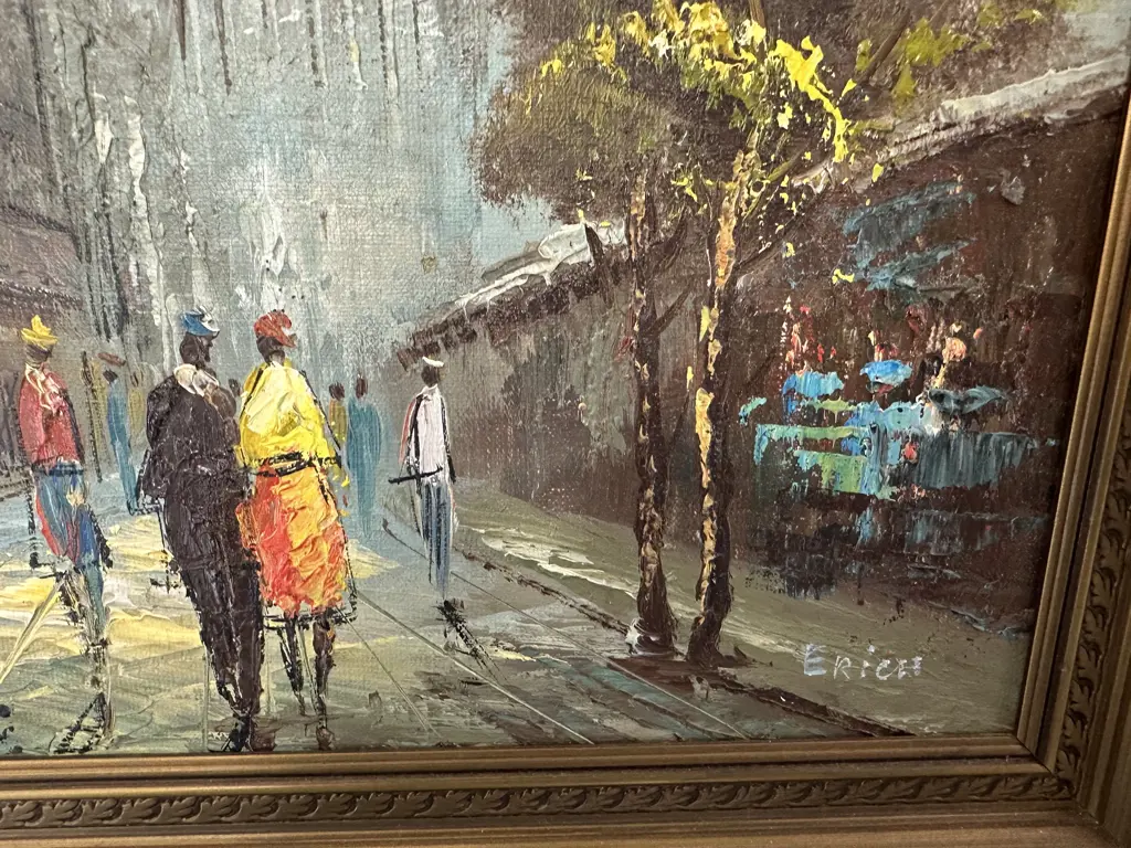  Original Vintage Gilt Framed Oil Painting Signed Erich City Street Scene H51,W66cm. Image 1++