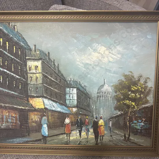  Original Vintage Gilt Framed Oil Painting Signed Erich City Street Scene H51,W66cm.