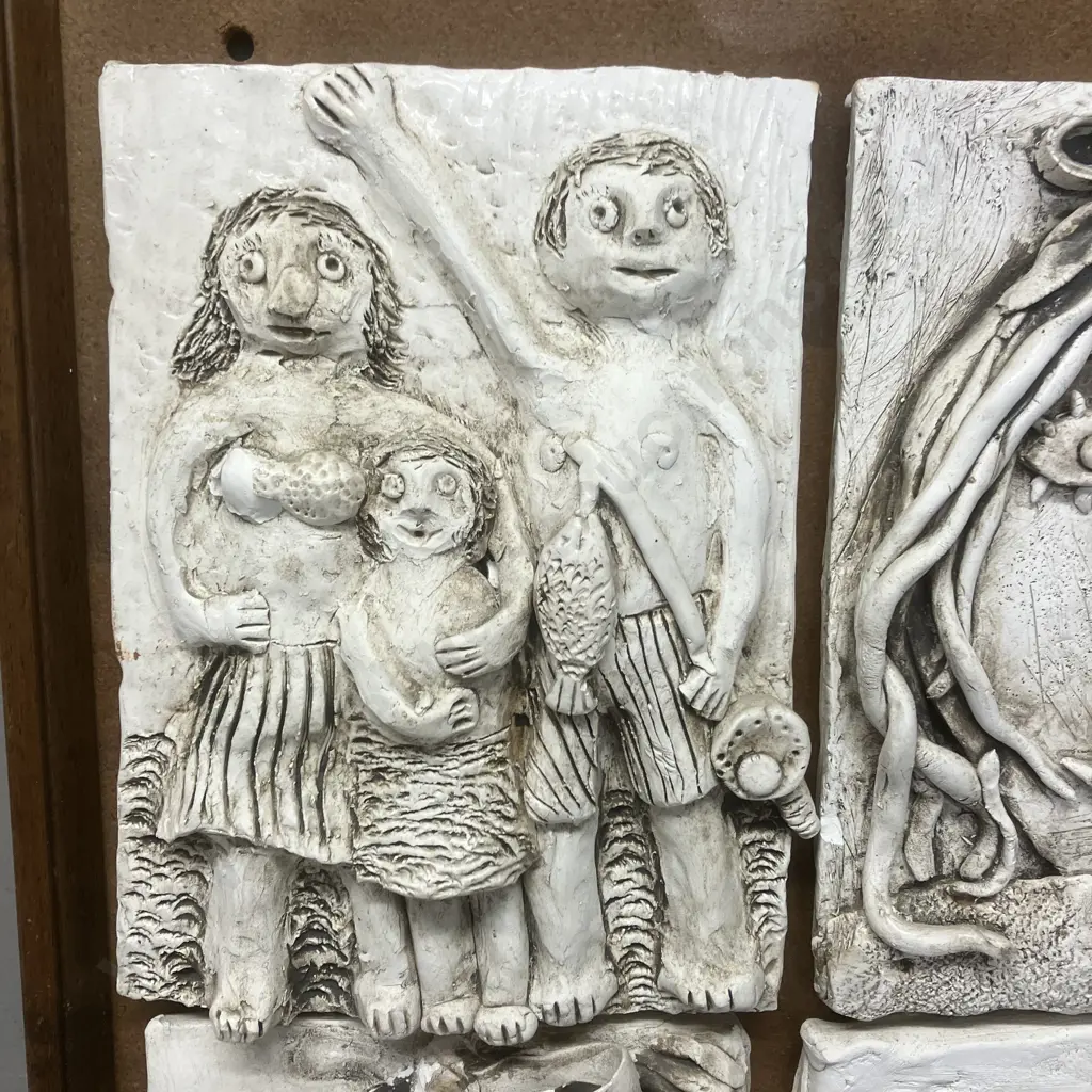 Pair of Framed Artworks Featuring Ceramic Relief Tiles In a Wooden Frame, Beach & Family Themed. 69 x 34cm Image 1++