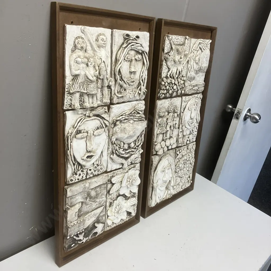 Pair of Framed Artworks Featuring Ceramic Relief Tiles In a Wooden Frame, Beach & Family Themed. 69 x 34cm Image 1++