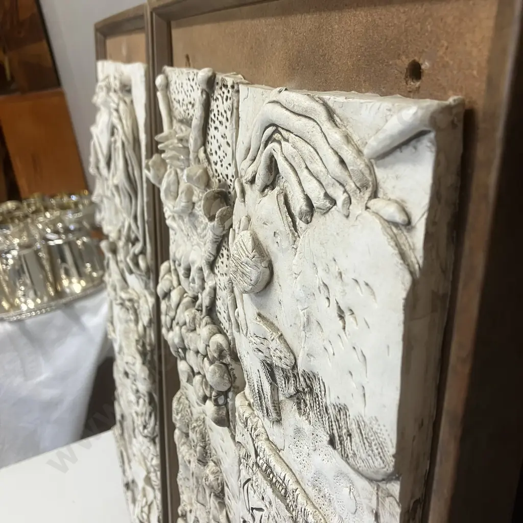 Pair of Framed Artworks Featuring Ceramic Relief Tiles In a Wooden Frame, Beach & Family Themed. 69 x 34cm Image 1++