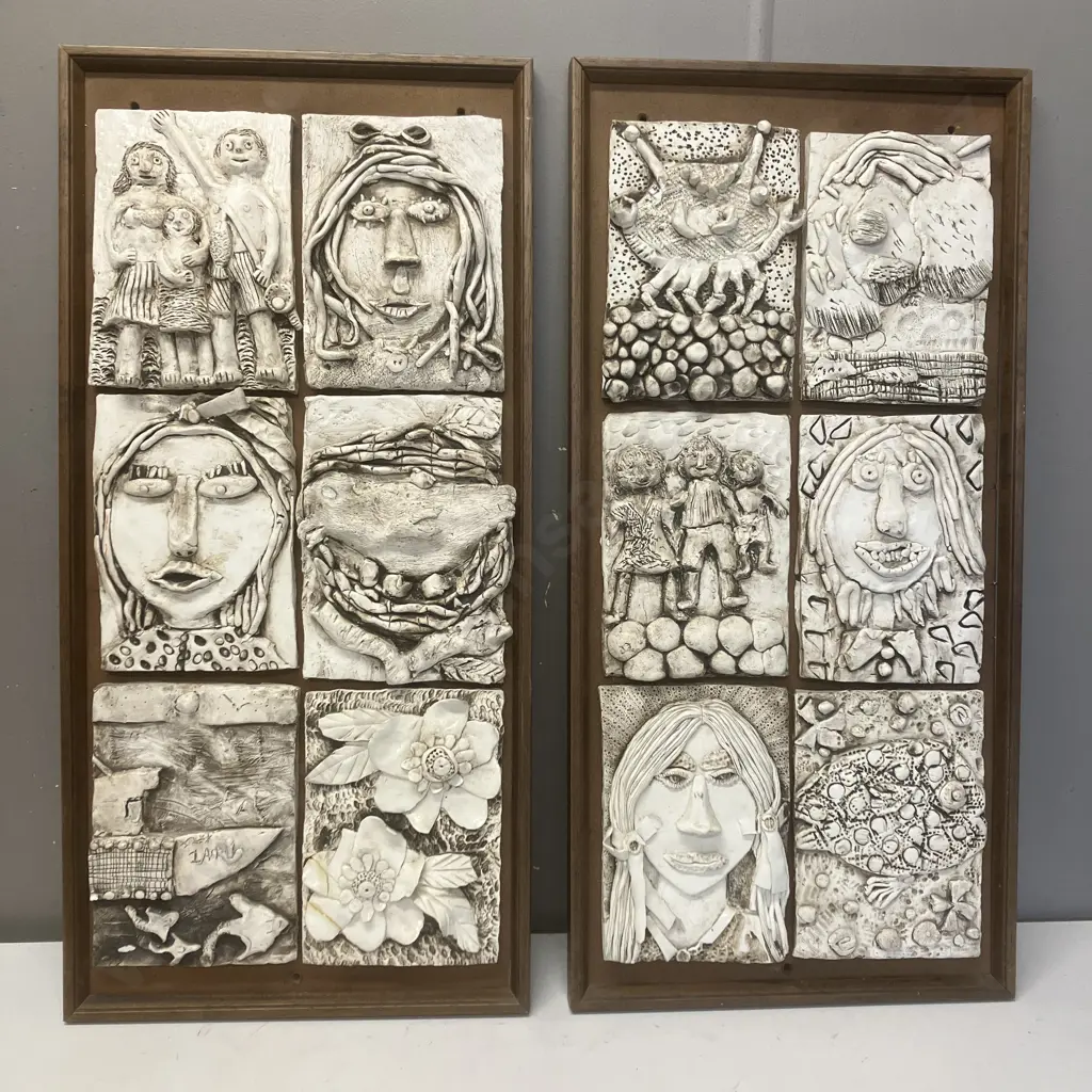 Pair of Framed Artworks Featuring Ceramic Relief Tiles In a Wooden Frame, Beach & Family Themed. 69 x 34cm Image 1++