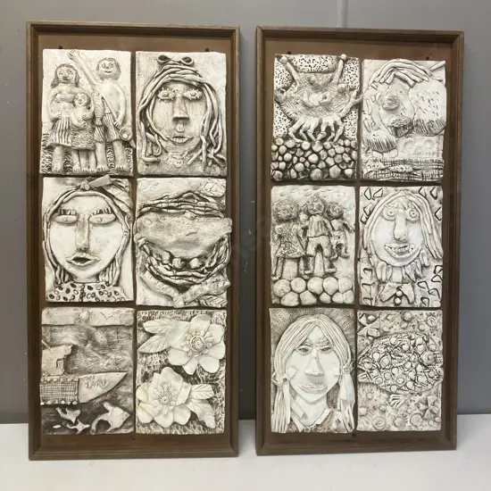 Pair of Framed Artworks Featuring Ceramic Relief Tiles In a Wooden Frame, Beach & Family Themed. 69 x 34cm