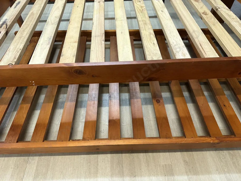 Wooden Slat Bed With Bookcase Headboard & Wooden Under Bed Trundler On Wheels (No Mattresses) Image 1++