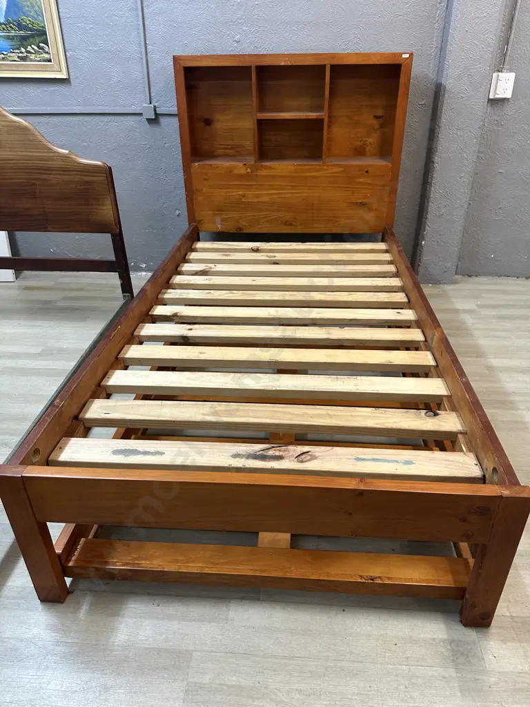 Wooden Slat Bed With Bookcase Headboard & Wooden Under Bed Trundler On Wheels (No Mattresses) Image 1++