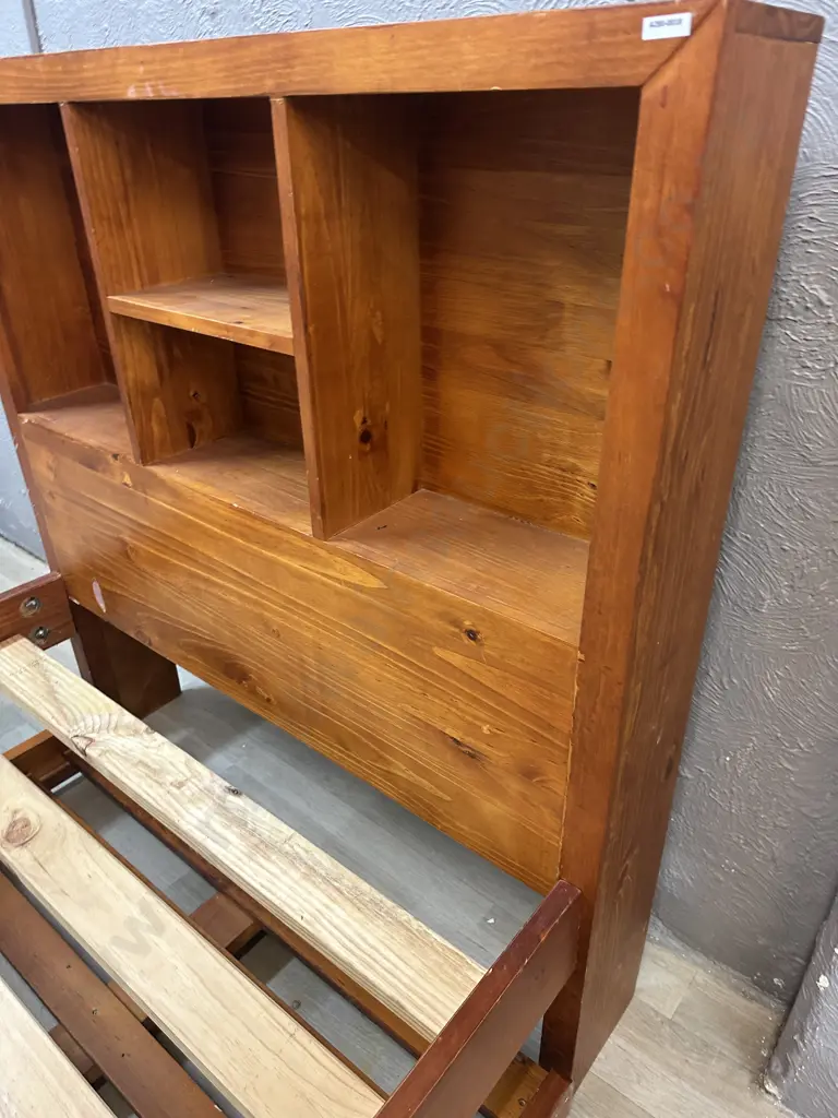Wooden Slat Bed With Bookcase Headboard & Wooden Under Bed Trundler On Wheels (No Mattresses) Image 1++