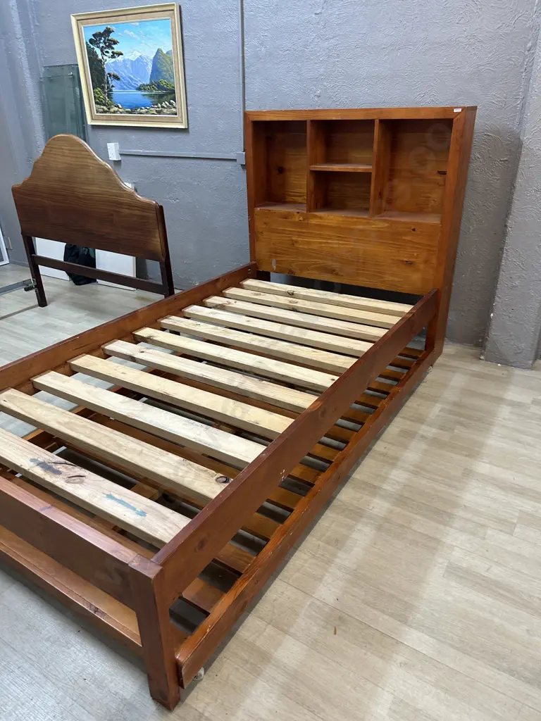 Wooden Slat Bed With Bookcase Headboard & Wooden Under Bed Trundler On Wheels (No Mattresses) Image 1++