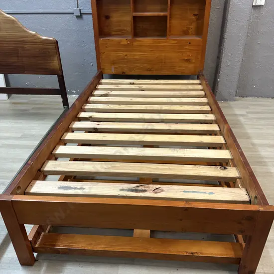 Wooden Slat Bed With Bookcase Headboard & Wooden Under Bed Trundler On Wheels (No Mattresses)