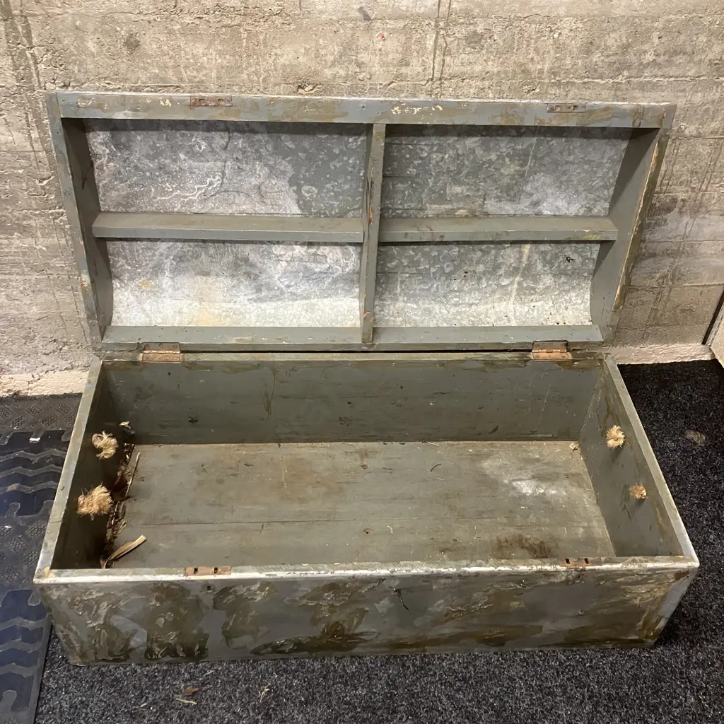 Vintage Wooden Trunk With Curved Steel Top, Rope Handles Each End. H44 W112 D54cm Image 1++