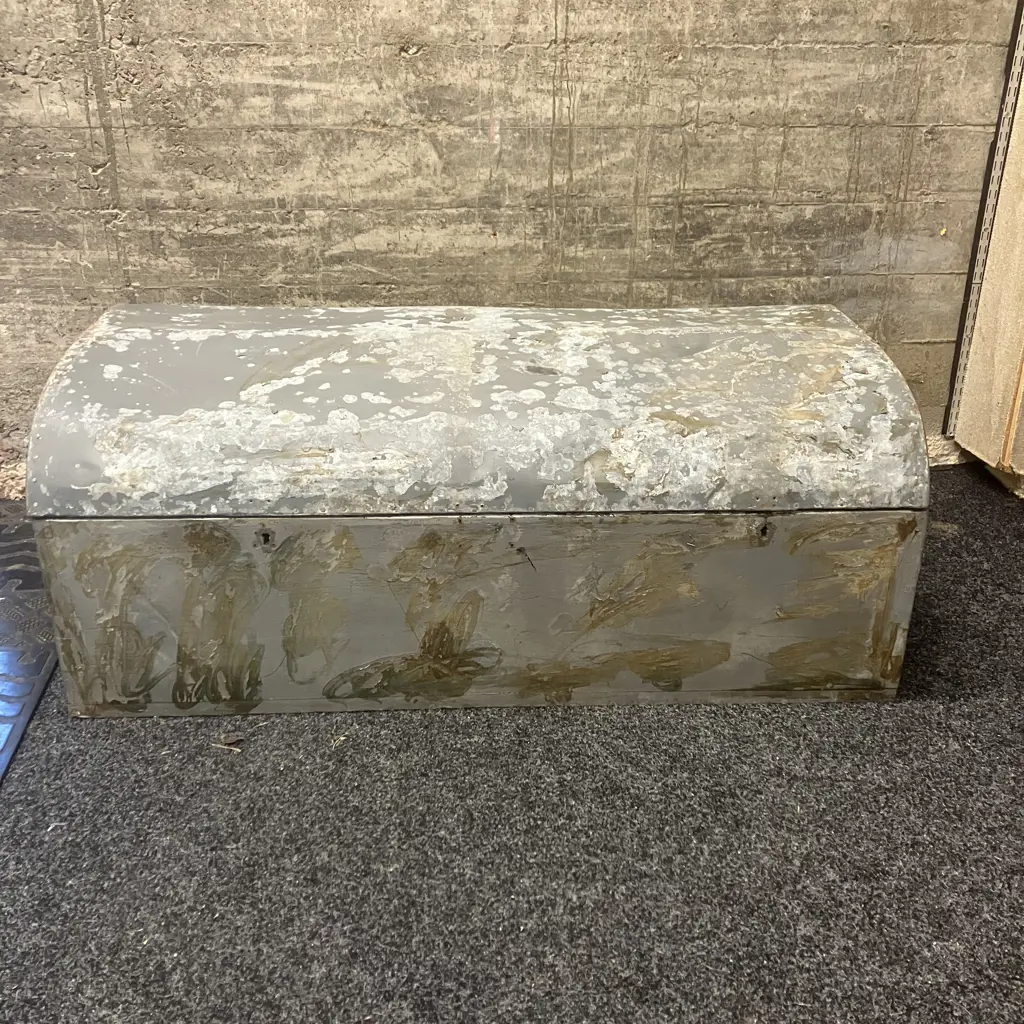 Vintage Wooden Trunk With Curved Steel Top, Rope Handles Each End. H44 W112 D54cm Image 1++