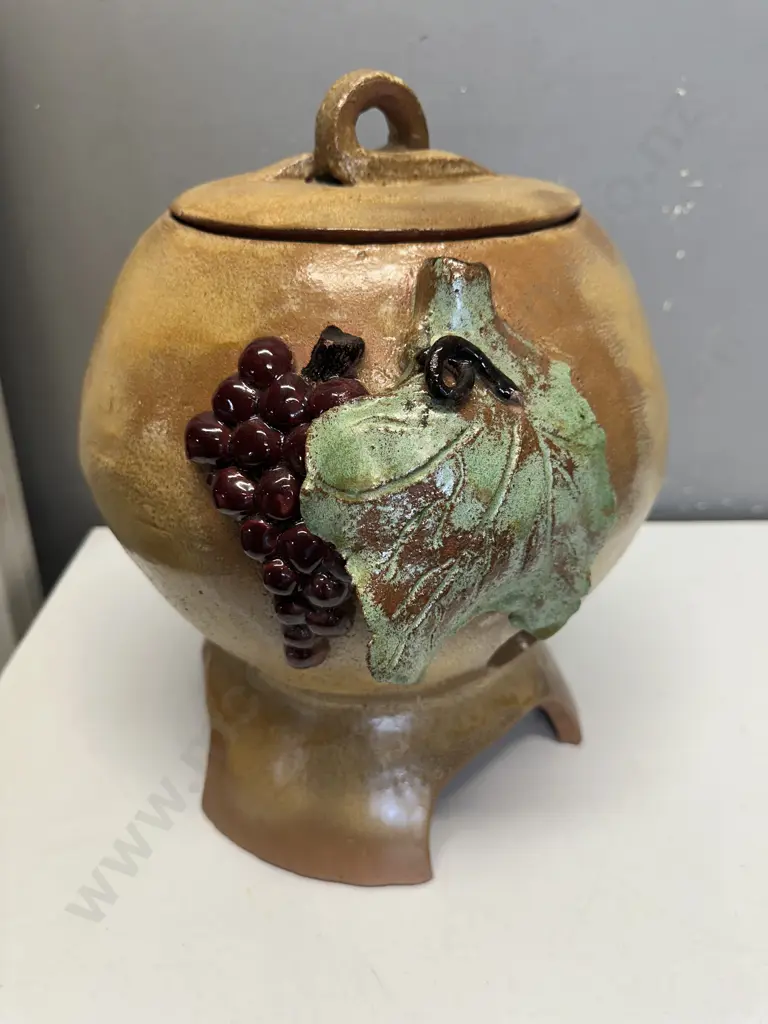 Pottery Footed Lidded Pot With Raised Grape & Leaf Detail. H45cm Image 1++