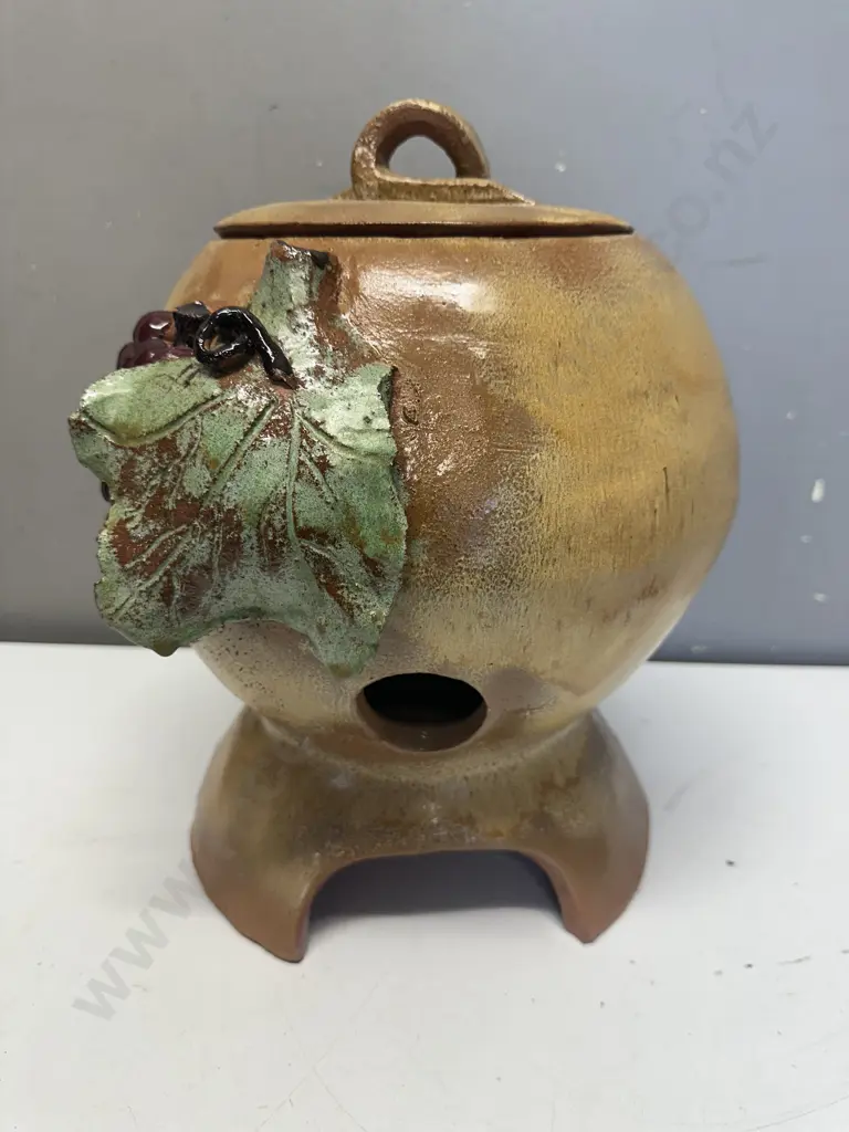 Pottery Footed Lidded Pot With Raised Grape & Leaf Detail. H45cm Image 1++