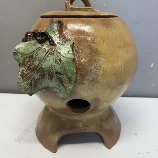 Pottery Footed Lidded Pot With Raised Grape & Leaf Detail. H45cm